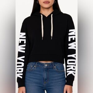 Black Cropped Hoodie Pullover NEW YORK Sleeves Streetwear Style Sweater